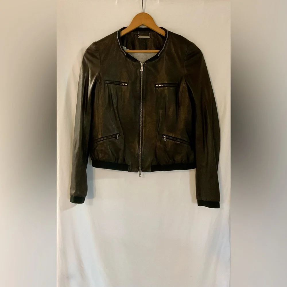 Diane Von Furstenberg Black Leather Jacket with zip off draw string hood - Picture 3 of 11